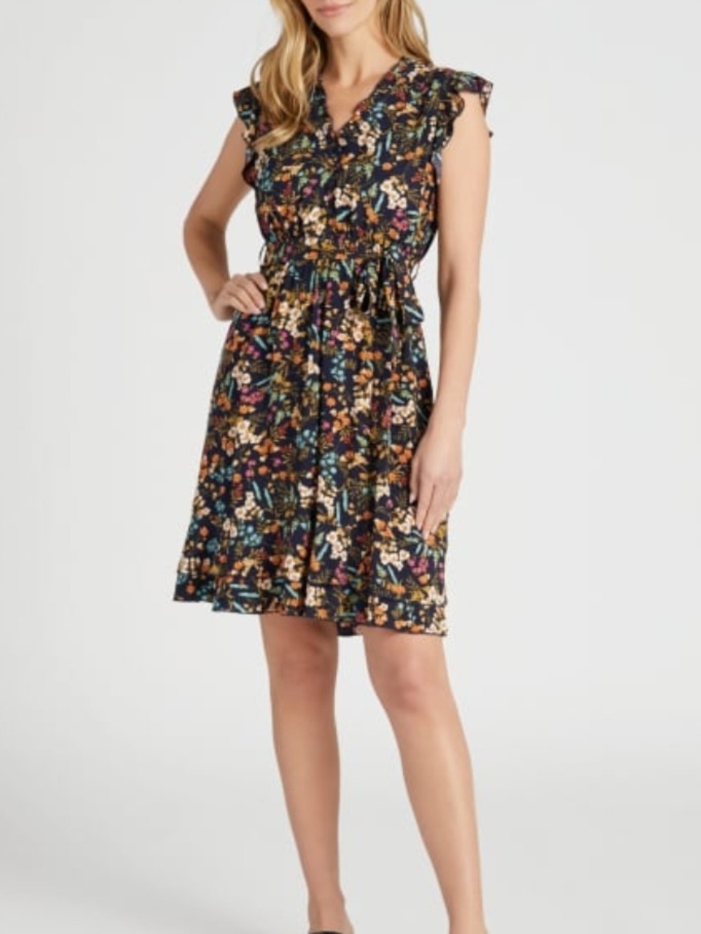 APRICOT Black Floral Ruffle Tie-Waist Mini Dress